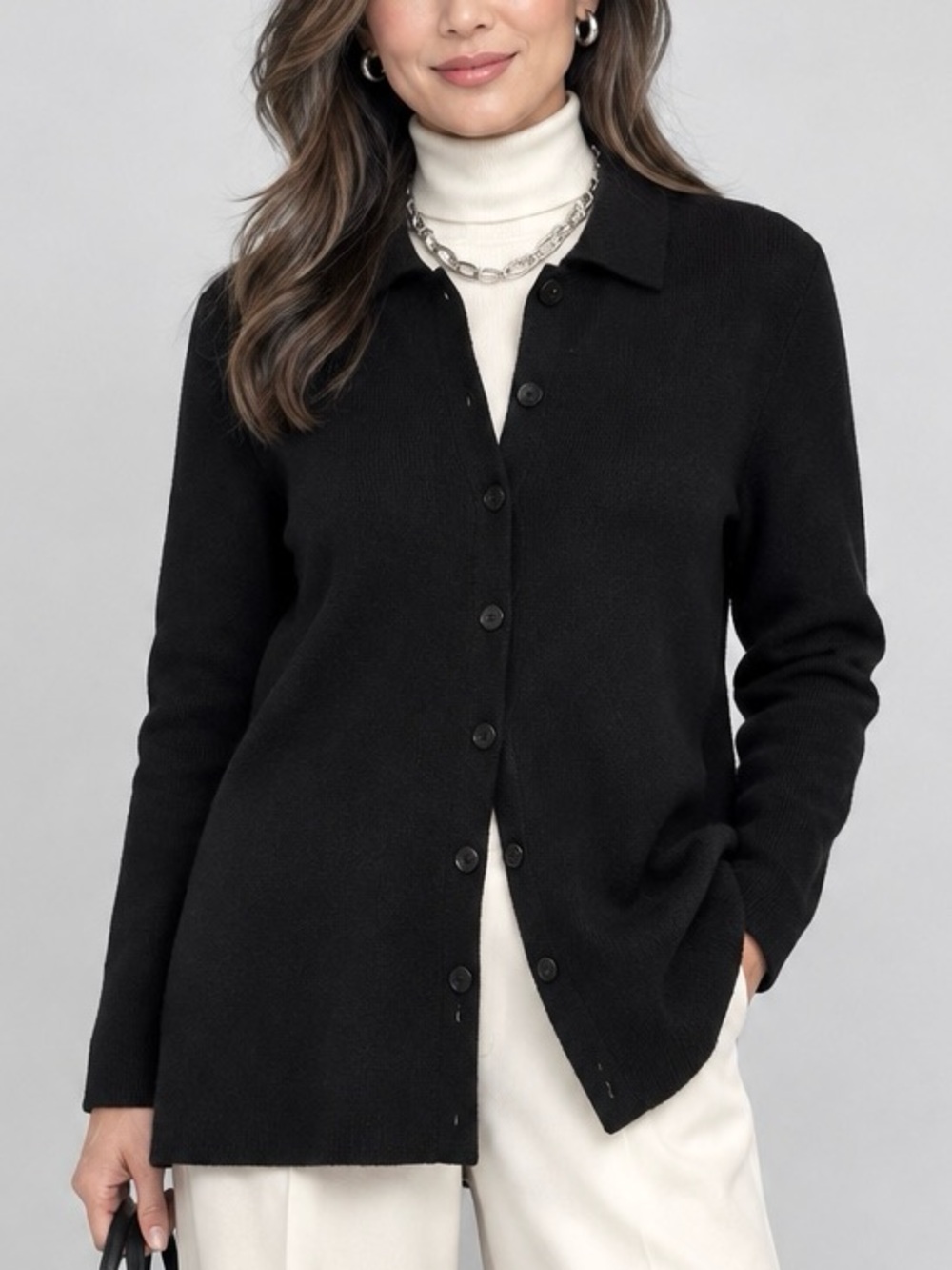 VTG Preview Collection Black Merino Wool Button Long Cardigan Womens Size Large